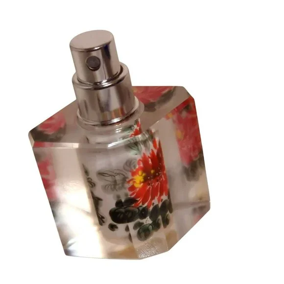 Vintage Hand-Painted Glass Perfume Bottle With Blue Cap Intricate Floral Design - Picture 6 of 6